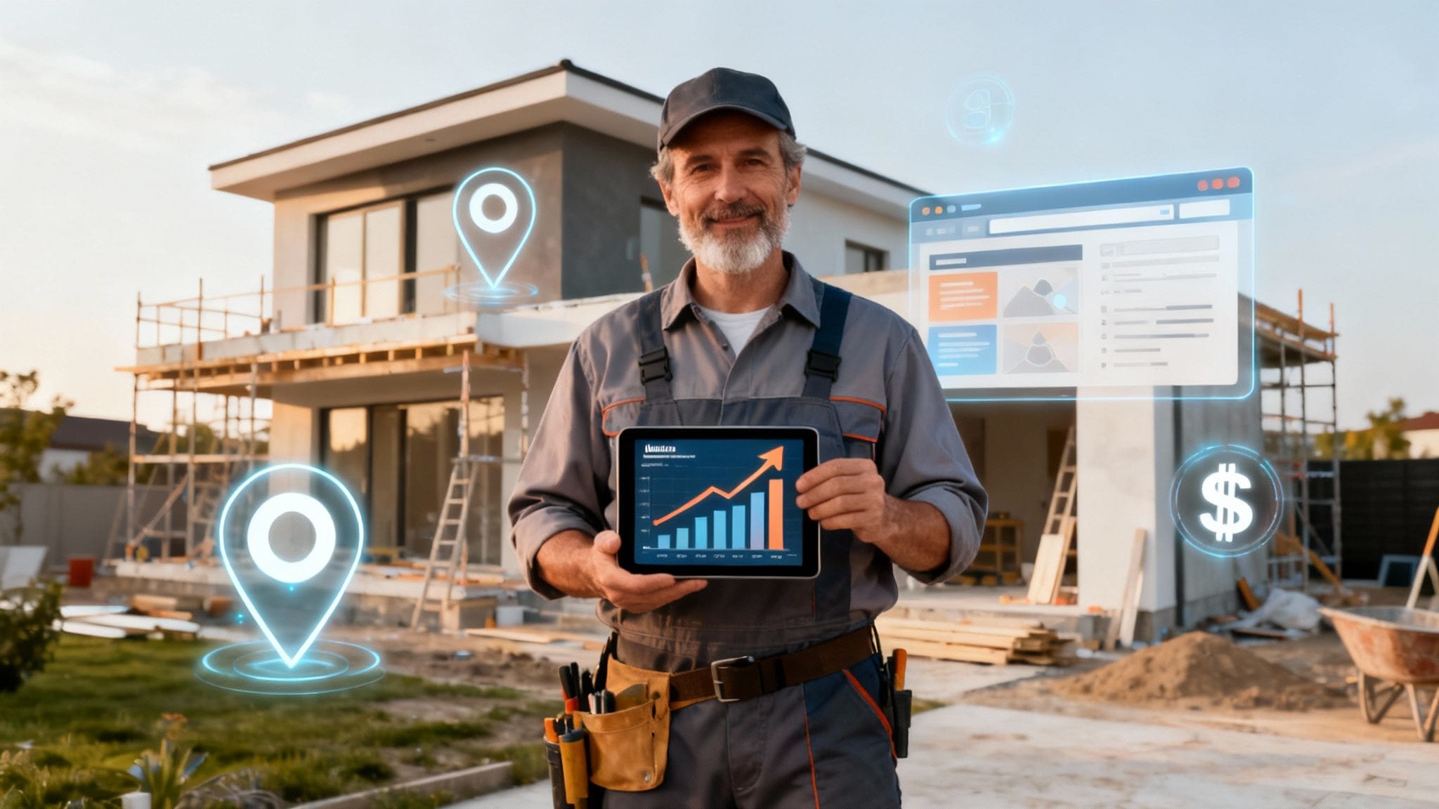 contractor holding iPad with leads on it