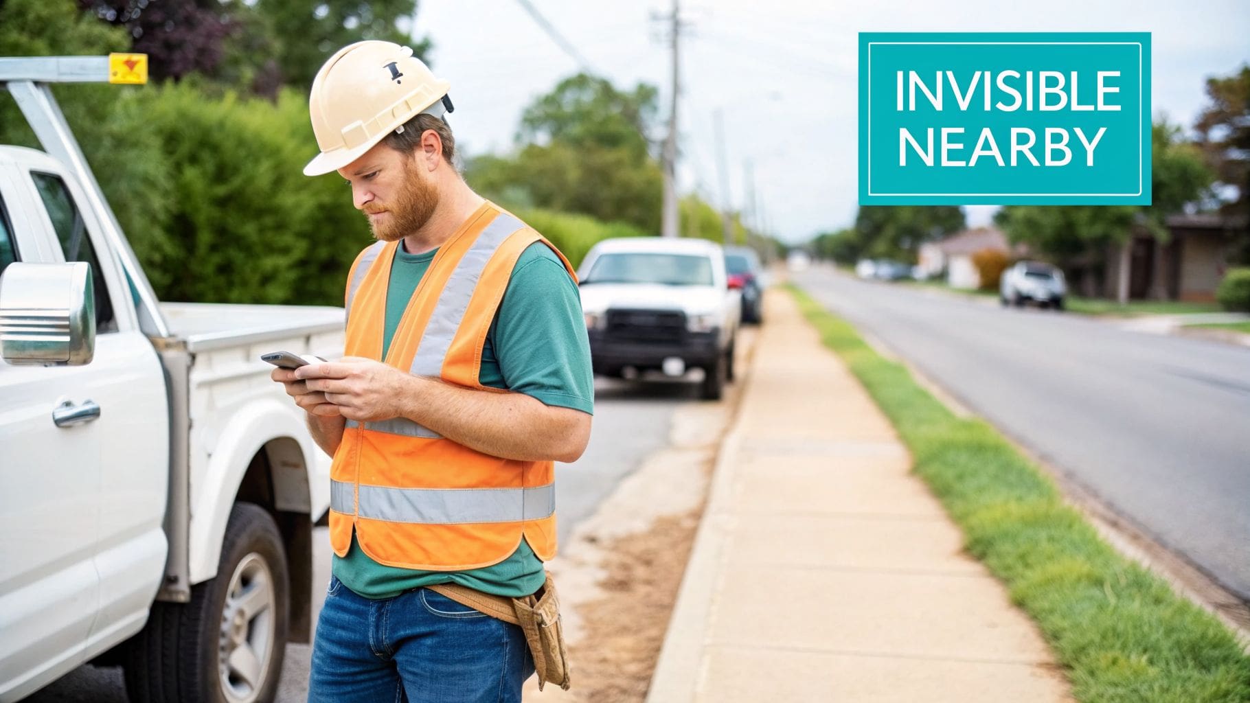 A construction worker in a hard hat and safety vest uses his phone next to a white truck.