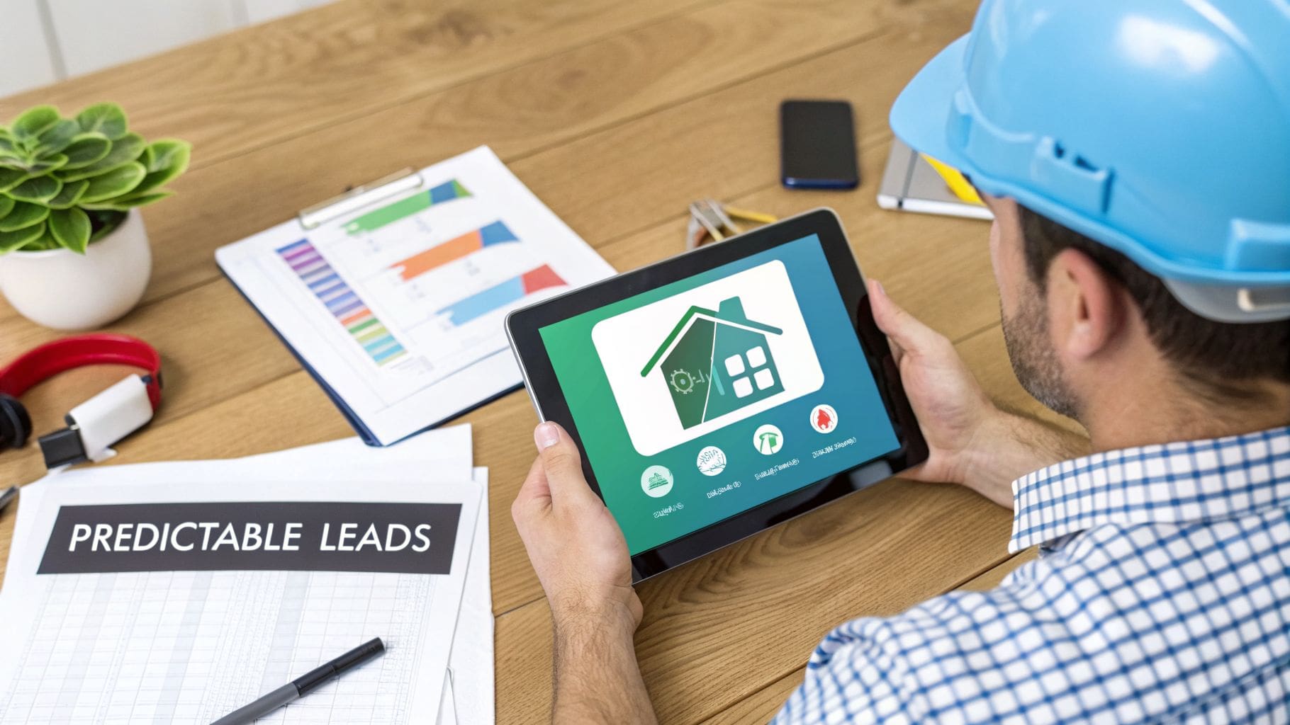 A man in a hard hat uses a tablet with a smart home app, next to business charts and a 'PREDICTABLE LEADS' document.