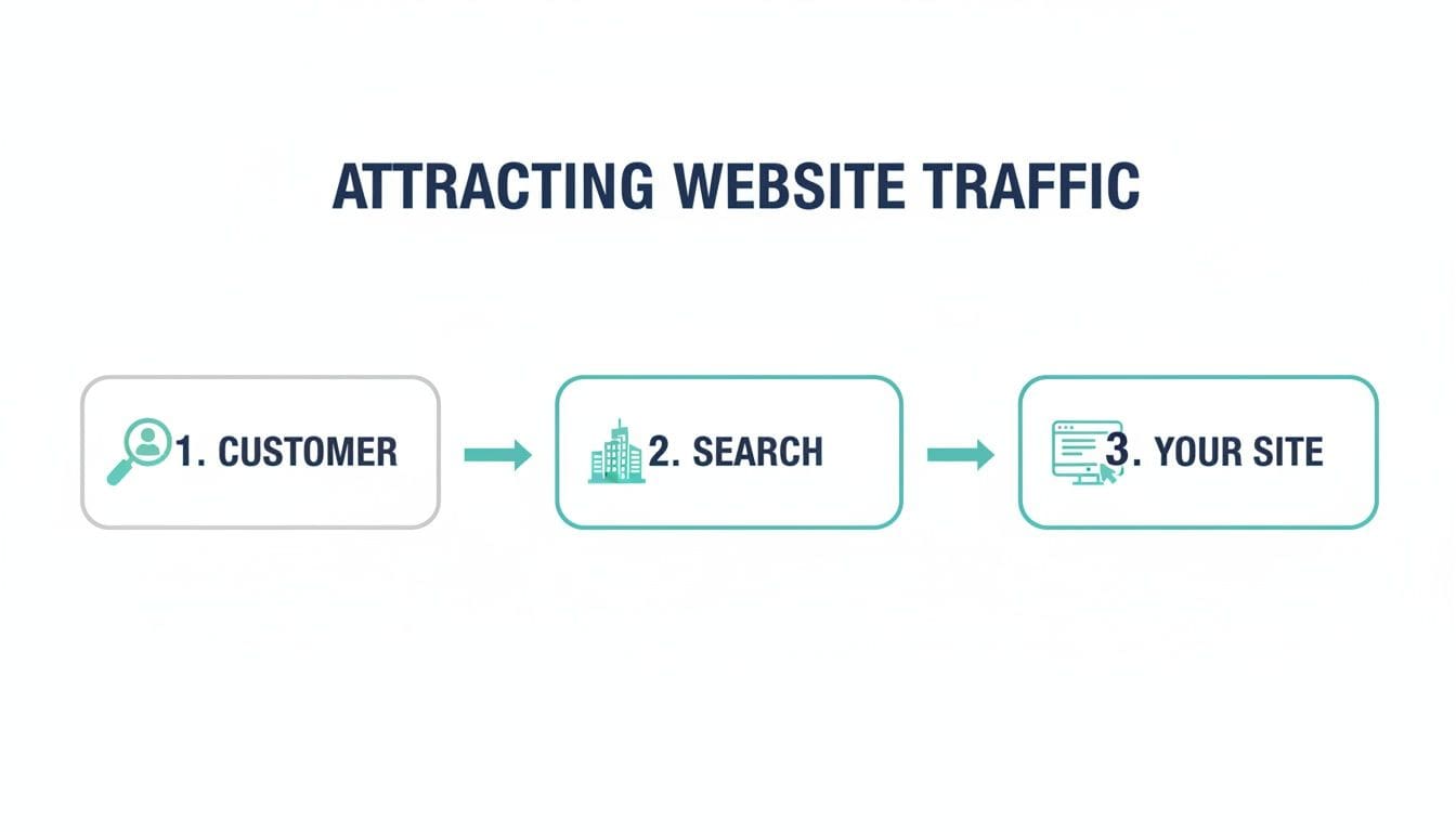 Flowchart depicting how to attract website traffic: customer searches online, then finds your site.