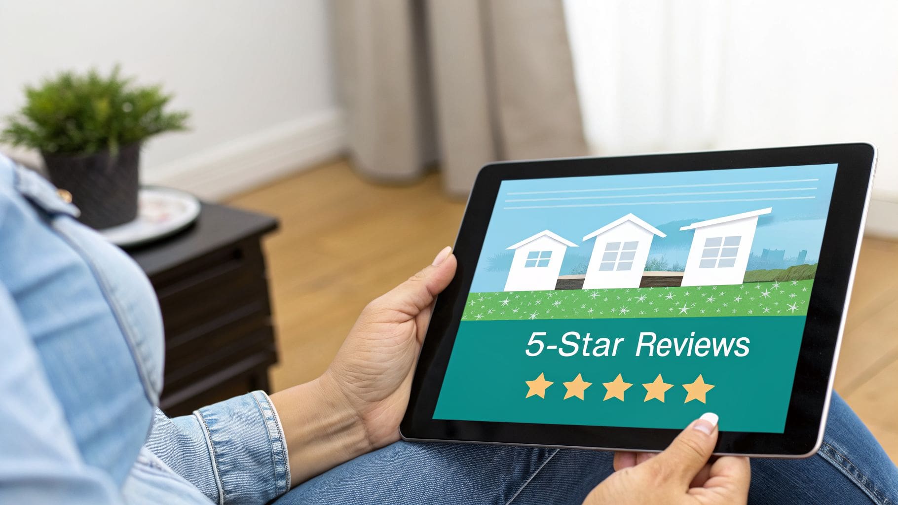 A person holding a tablet displaying 5-star reviews for real estate or home services.