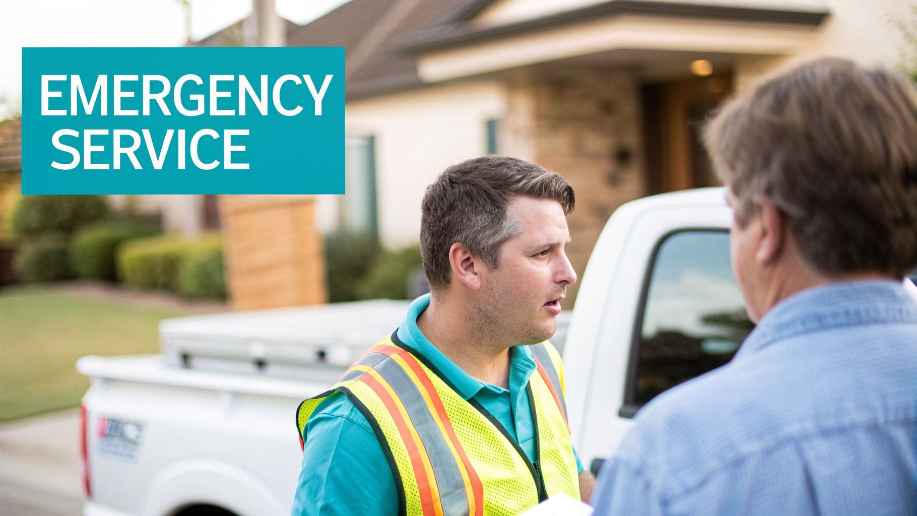 A service worker in a yellow safety vest discusses with a homeowner next to a pickup truck, with 'EMERGENCY SERVICE' banner.