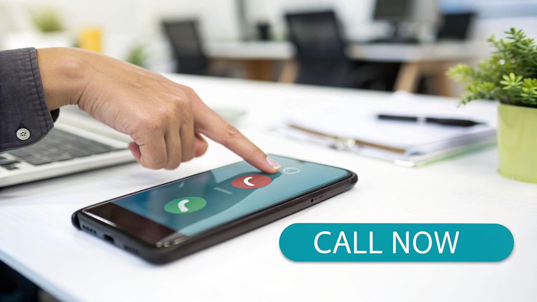 A person's hand is pressing the 'decline' button on a smartphone with a 'CALL NOW' overlay.