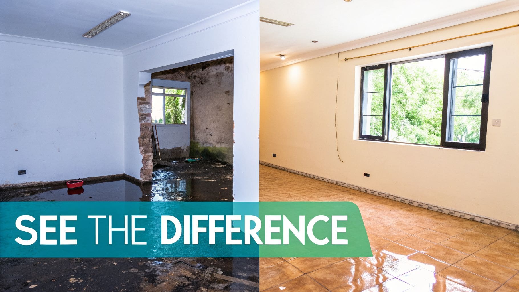 Before and after comparison of a room undergoing renovation, showing progress from a flooded mess to a clean, tiled space.