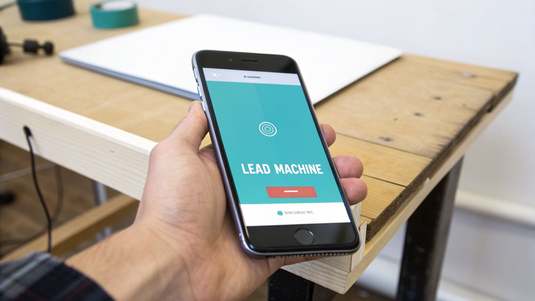 A person holds a smartphone displaying a "Lead Machine" app with a teal background on a wooden desk.