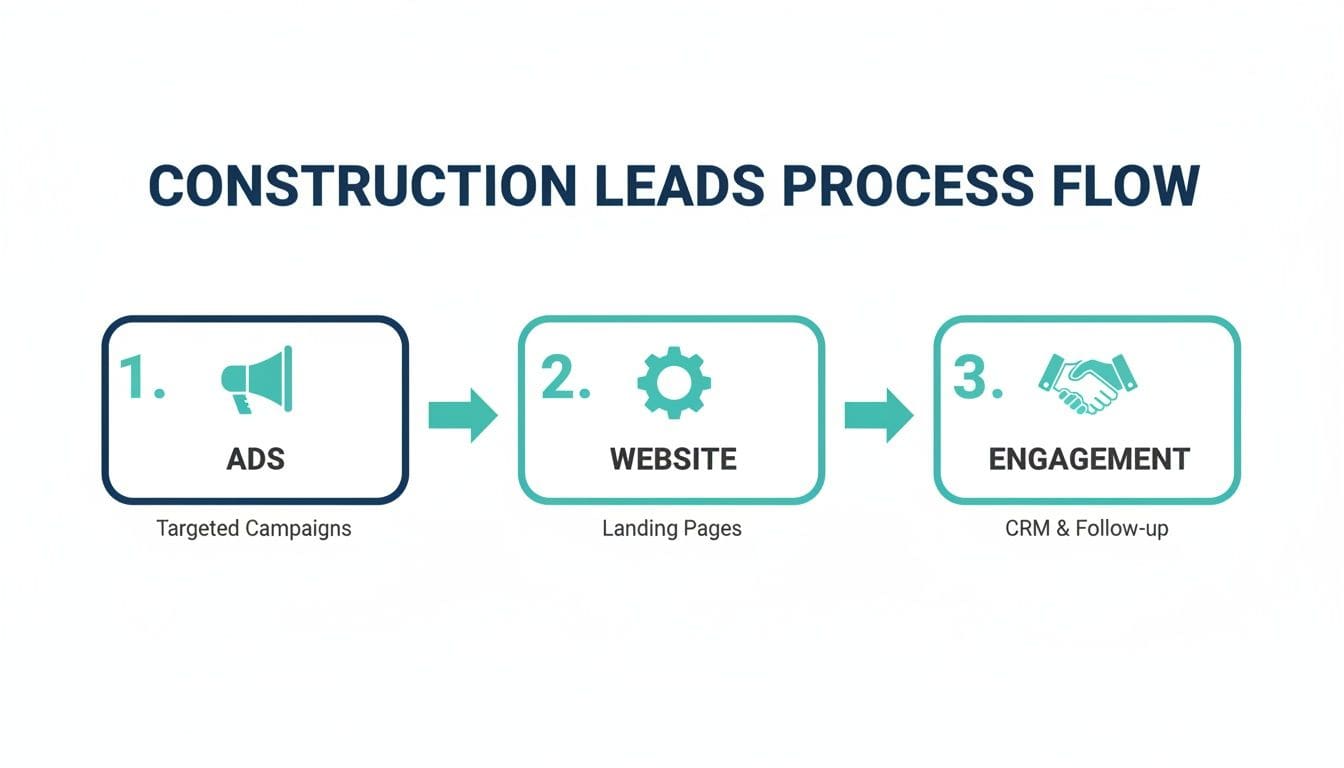 A three-step construction leads process flow showing ads, website, and engagement for lead generation.