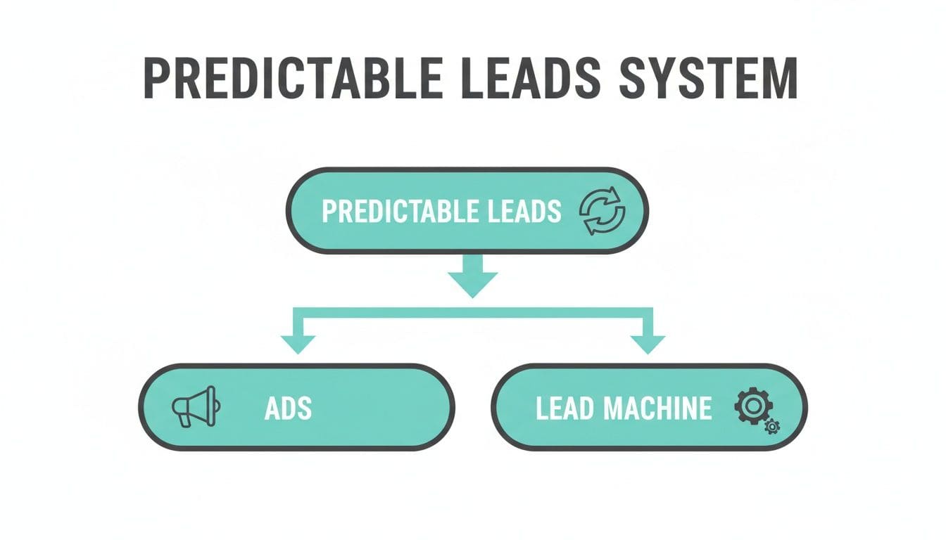 Flowchart illustrating the 'Predictable Leads System' with 'Predictable Leads' leading to 'Ads' and 'Lead Machine'.