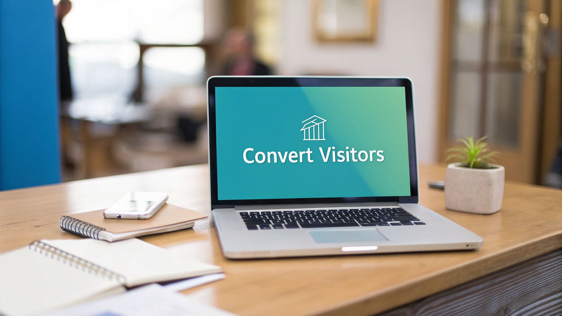 A laptop displaying 'Convert Visitors' with a building icon on a wooden desk with a phone and plant.