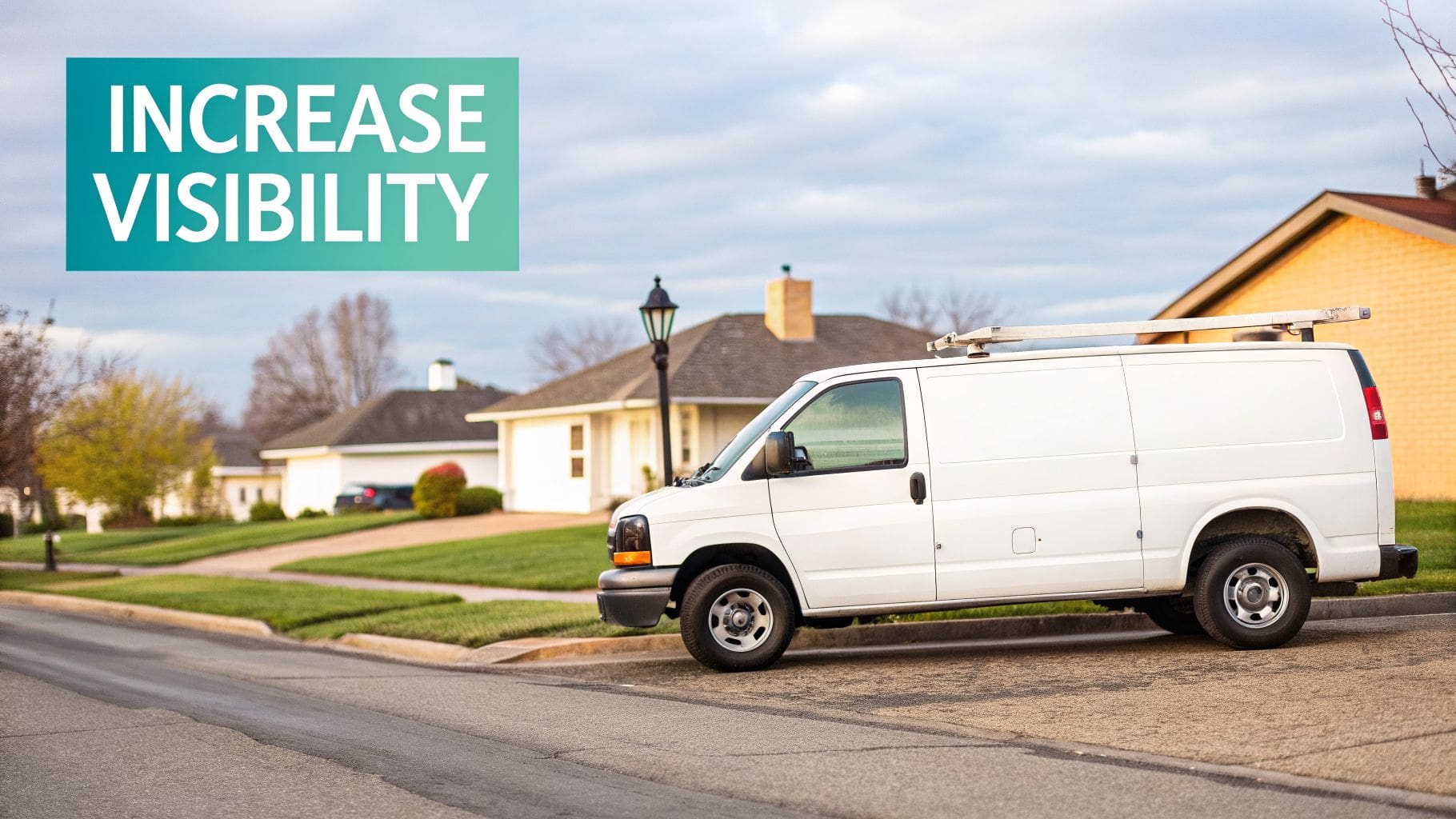 A white service van with a ladder rack parked on a residential street, with houses and 'INCREASE VISIBILITY' text.