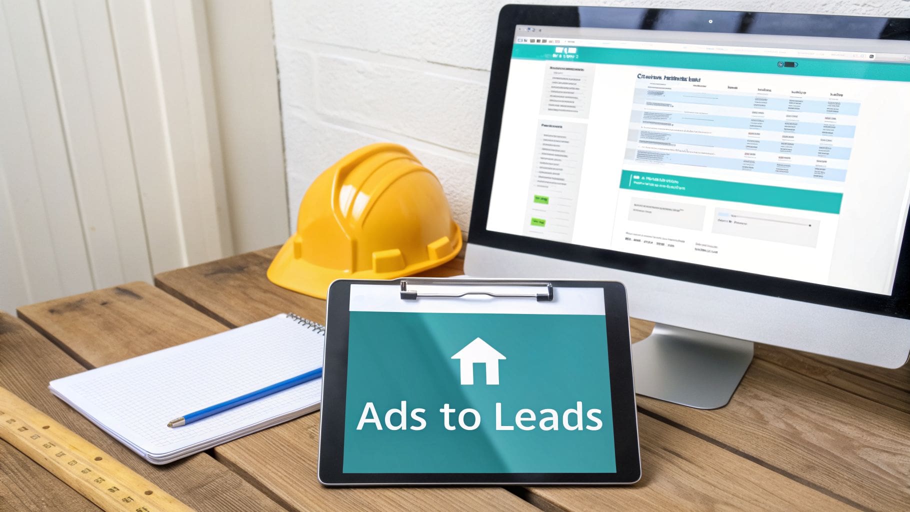 A digital workspace with a computer, hard hat, and tablet displaying 'Ads to Leads' for business growth.