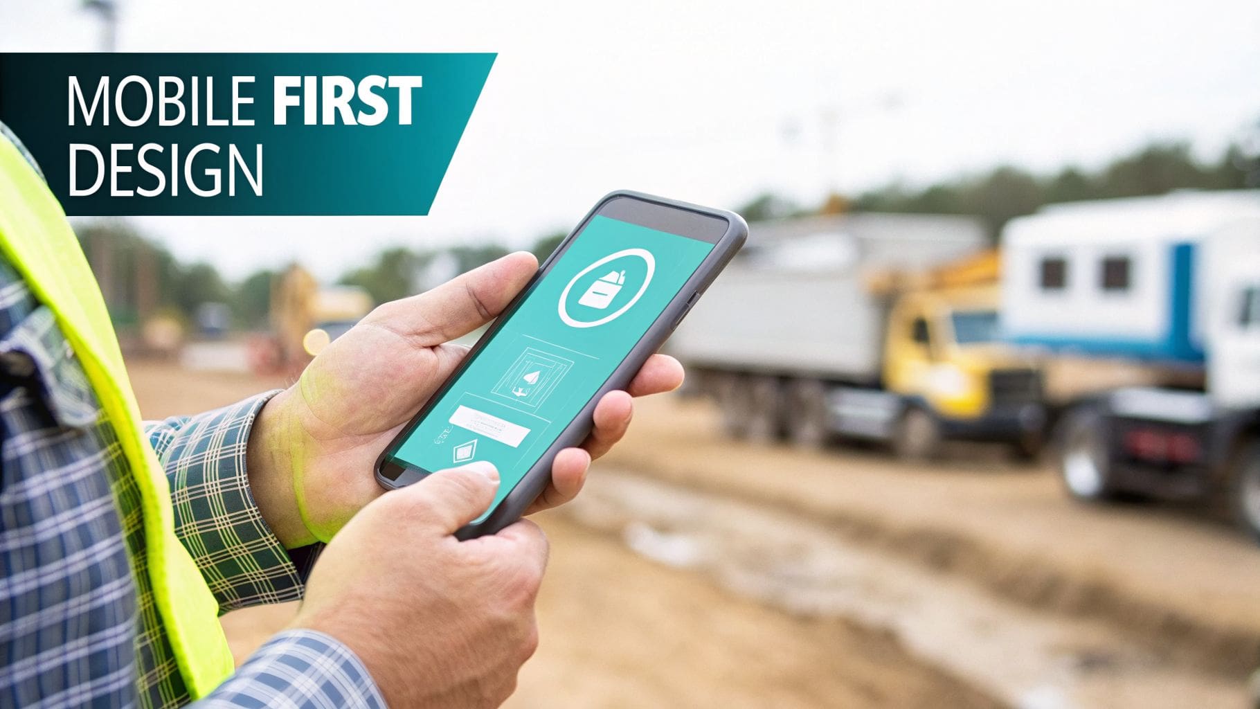 Construction worker using a smartphone with a mobile first design app at a building site.