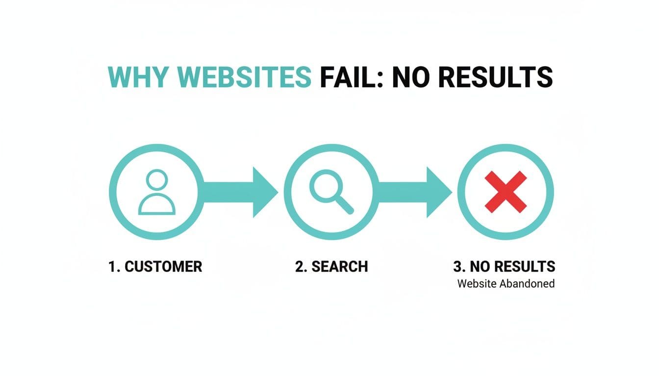 Flowchart illustrating how websites fail from customer search to no results, leading to abandonment.