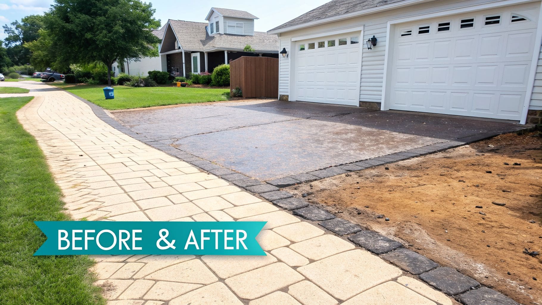 A residential driveway and paved walkway with a house in the background, featuring a 'BEFORE & AFTER' banner.