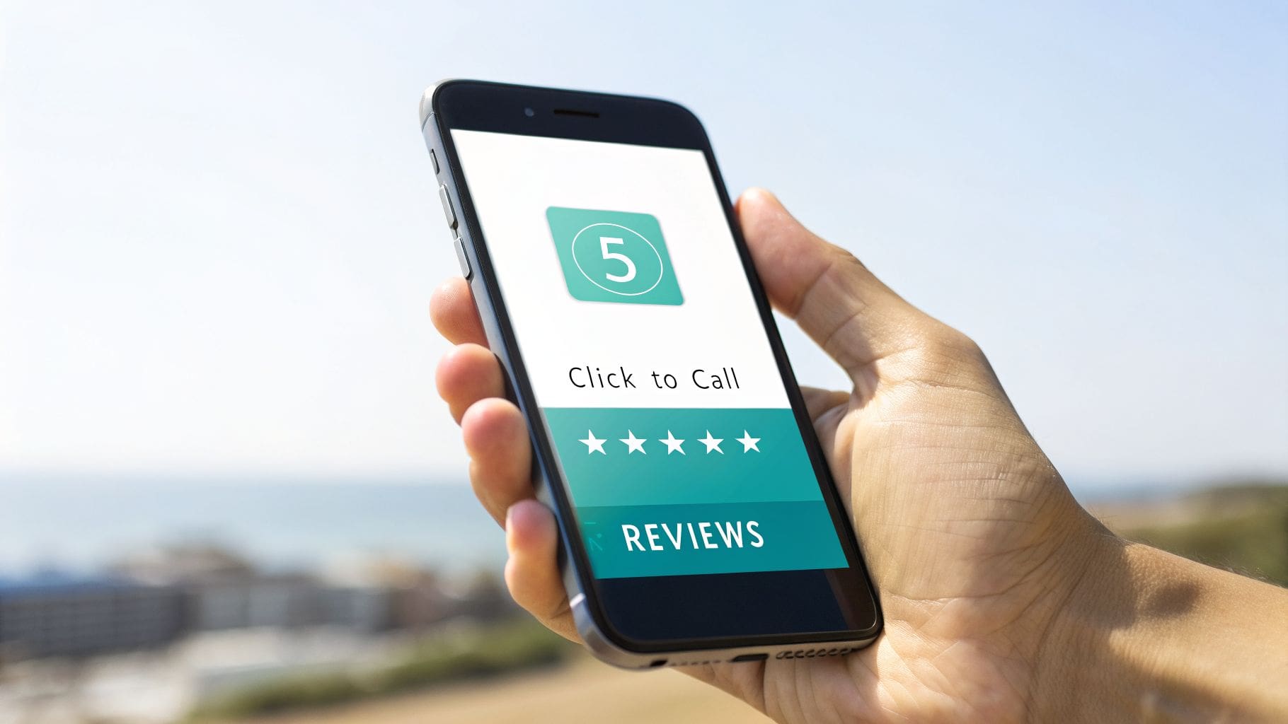 A hand holds a smartphone displaying a five-star rating and a 'Click to Call' button.