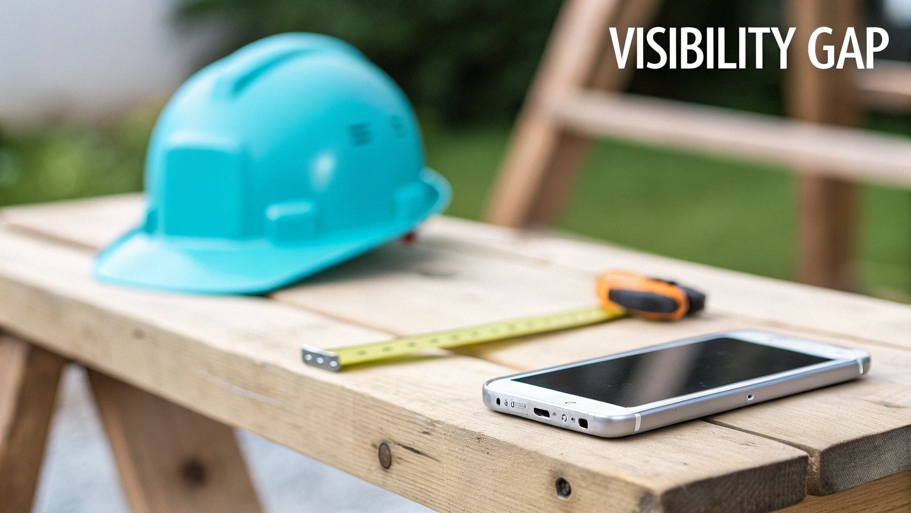 A blue hard hat, measuring tape, and a smartphone resting on a wooden table.