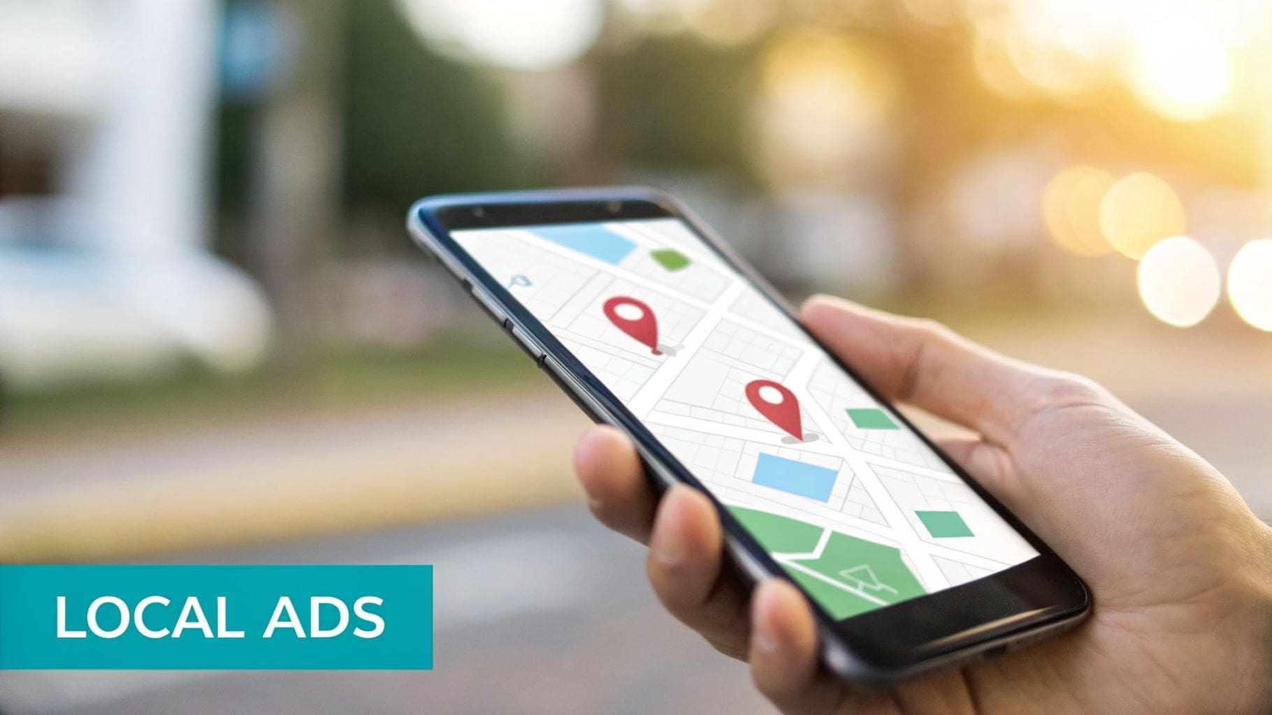 A hand holds a smartphone displaying a map with red location pins, symbolizing local ads.