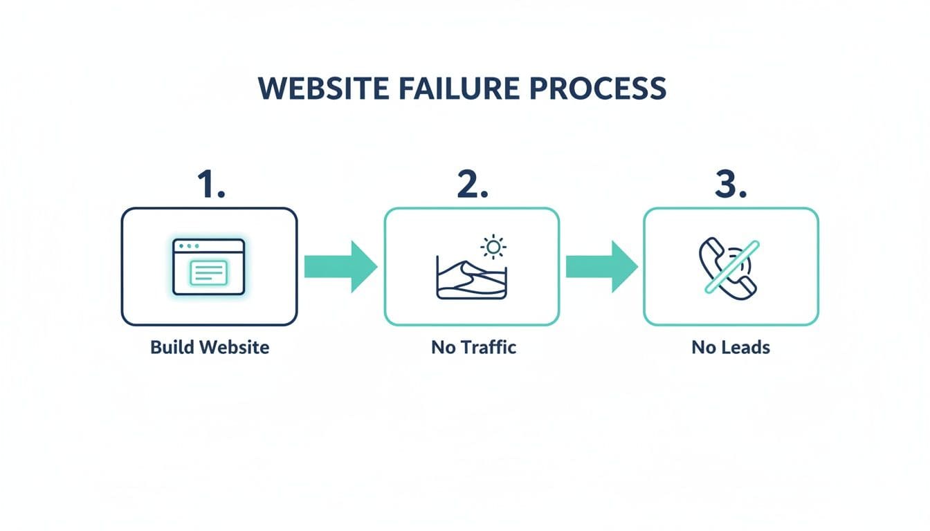 A flowchart illustrating the website failure process: 1. Build Website, 2. No Traffic, 3. No Leads.