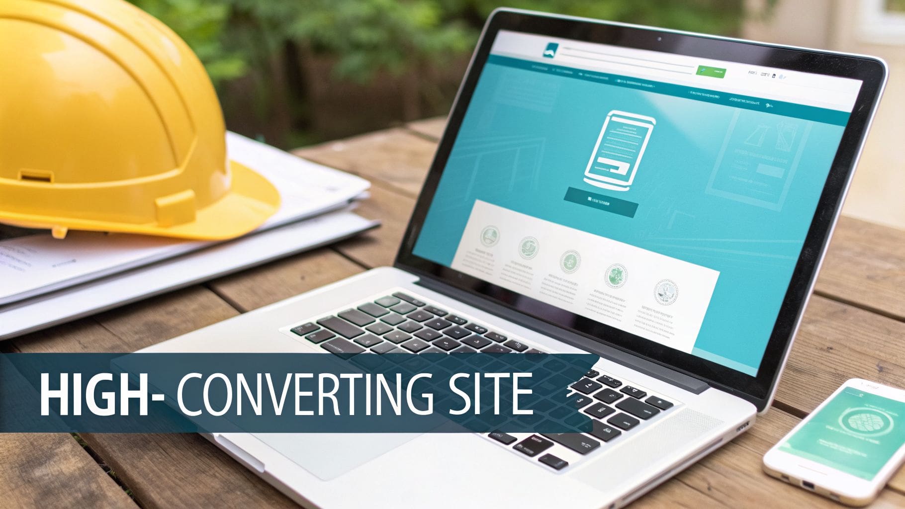 A laptop displaying a website, a yellow hard hat, and a smartphone on a wooden desk, emphasizing a high-converting site.
