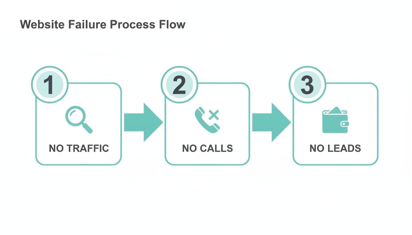 A flowchart illustrates the website failure process: no traffic leads to no calls, which ultimately leads to no leads.