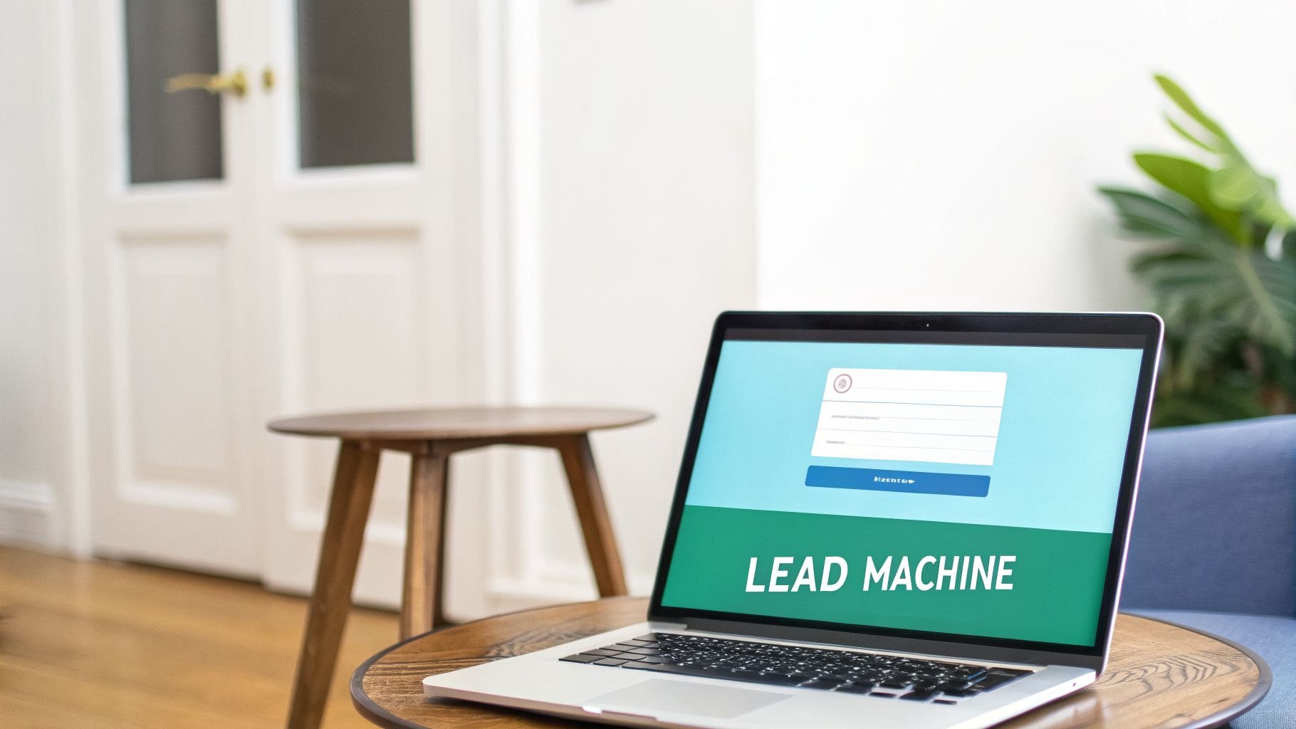 A laptop on a wooden table displays a login screen and 'LEAD MACHINE' text, suggesting business software.