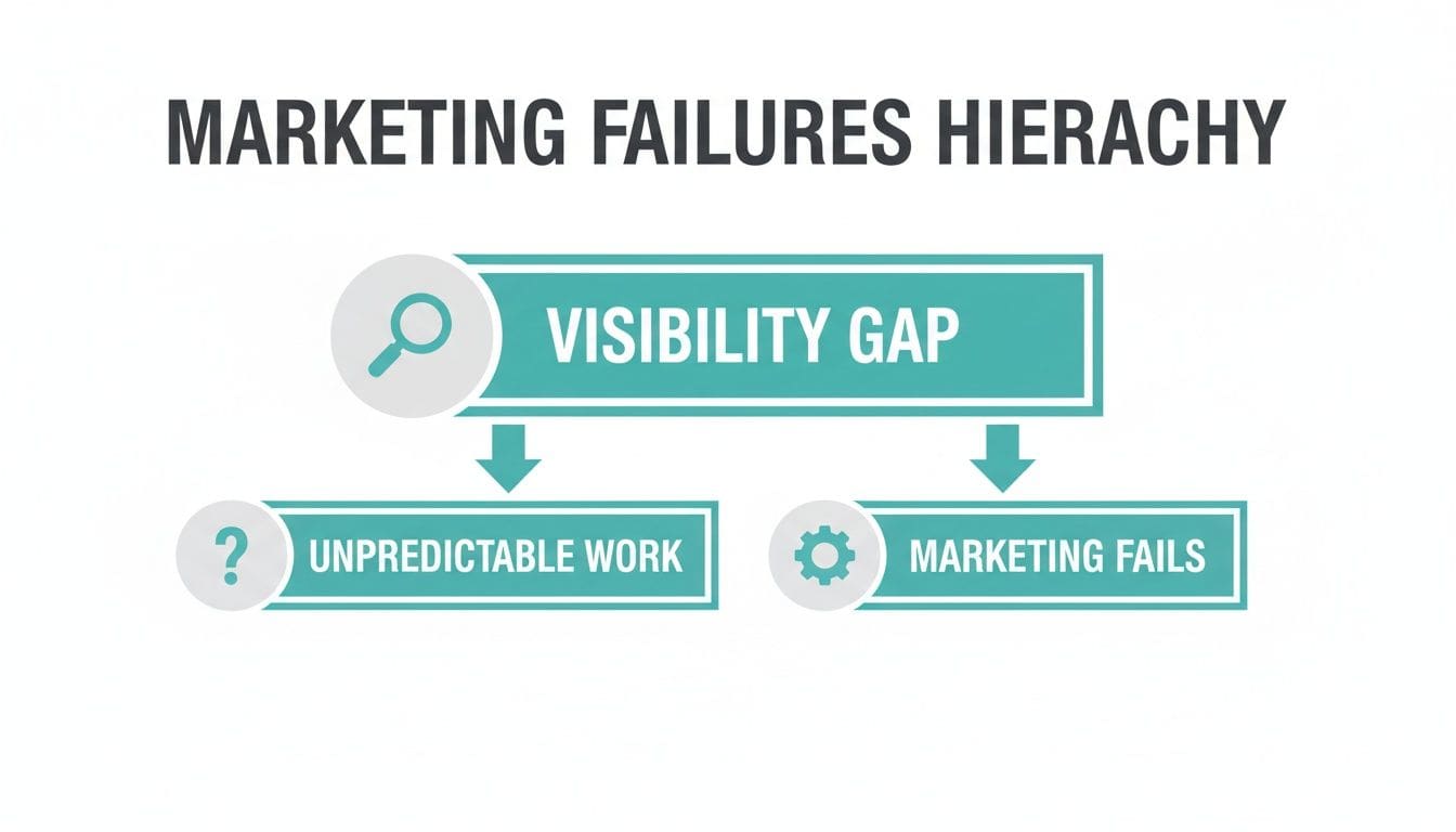 A marketing failures hierarchy diagram showing a visibility gap leading to unpredictable work and marketing fails.