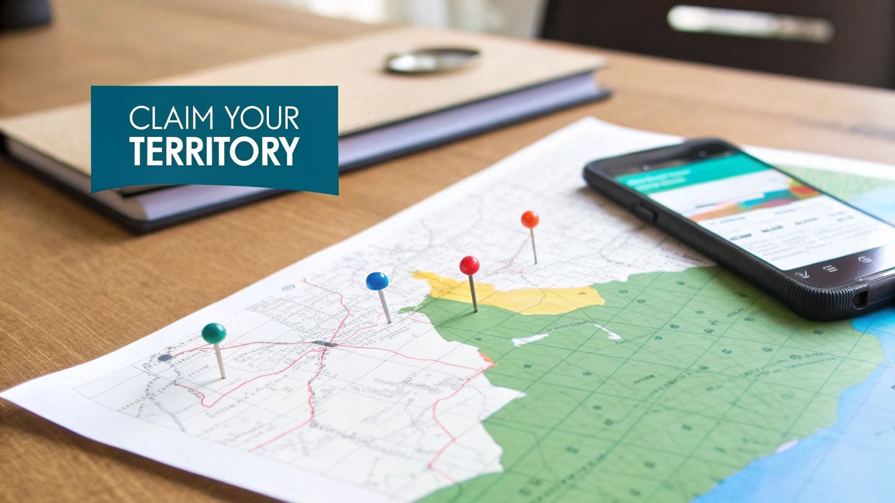 A map with colorful pushpins, a smartphone, and a notebook on a wooden desk with 'CLAIM YOUR TERRITORY' overlay.