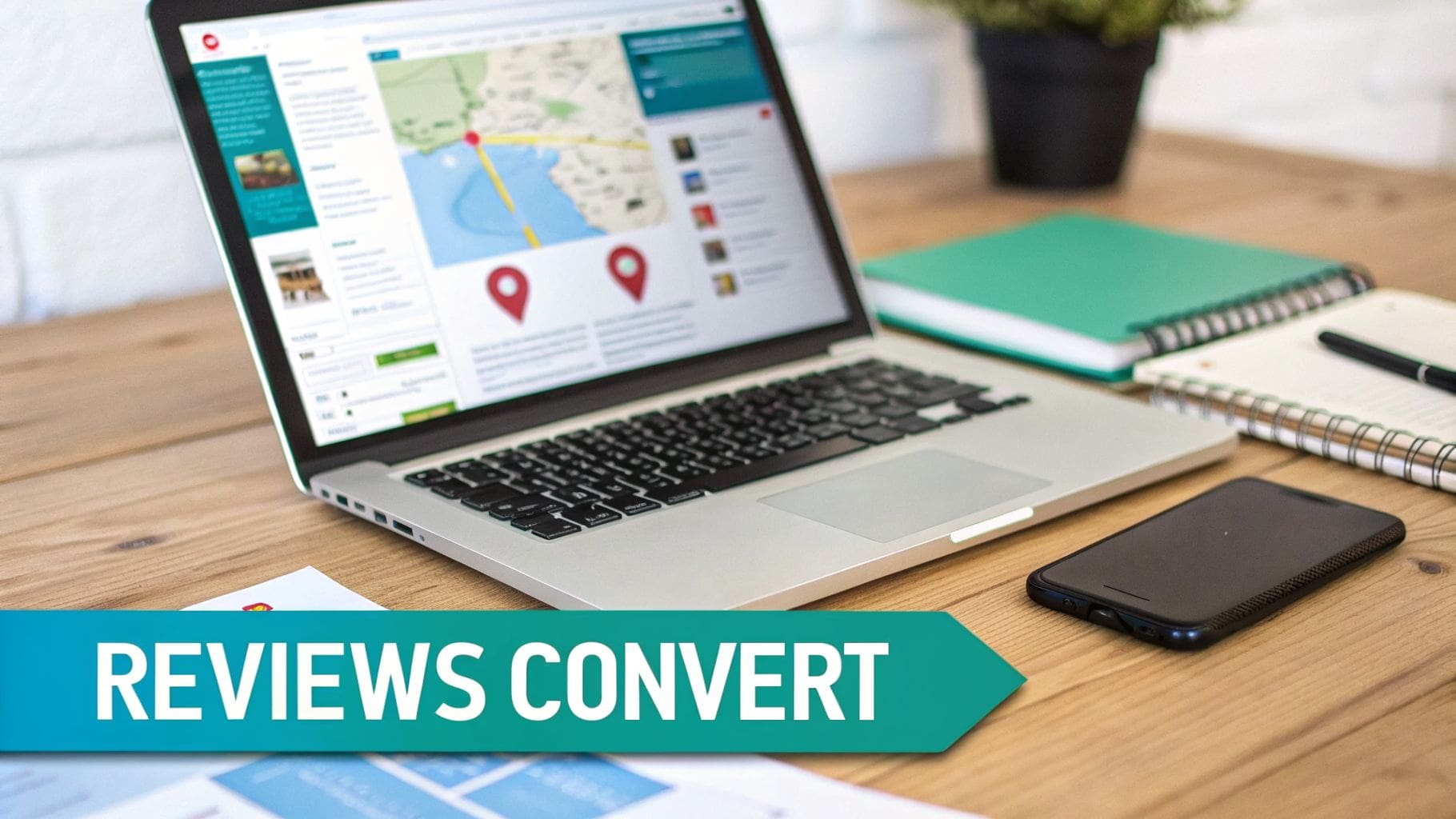 A laptop on a wooden desk displays a map and location pins, alongside a smartphone, notebooks, and a pen.