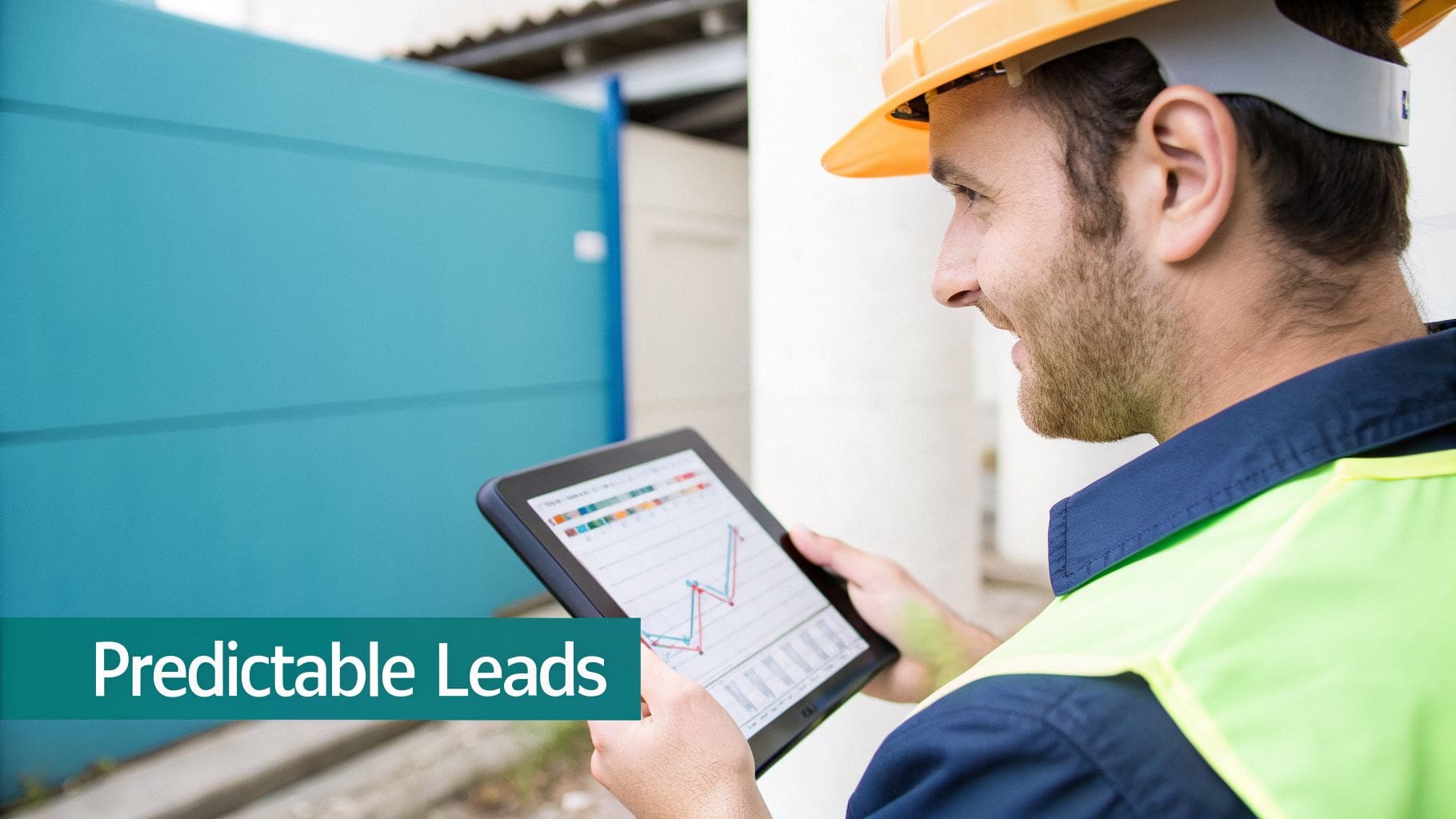 A construction worker in a hard hat examines a data graph on a tablet, with 'Predictable Leads' overlay.