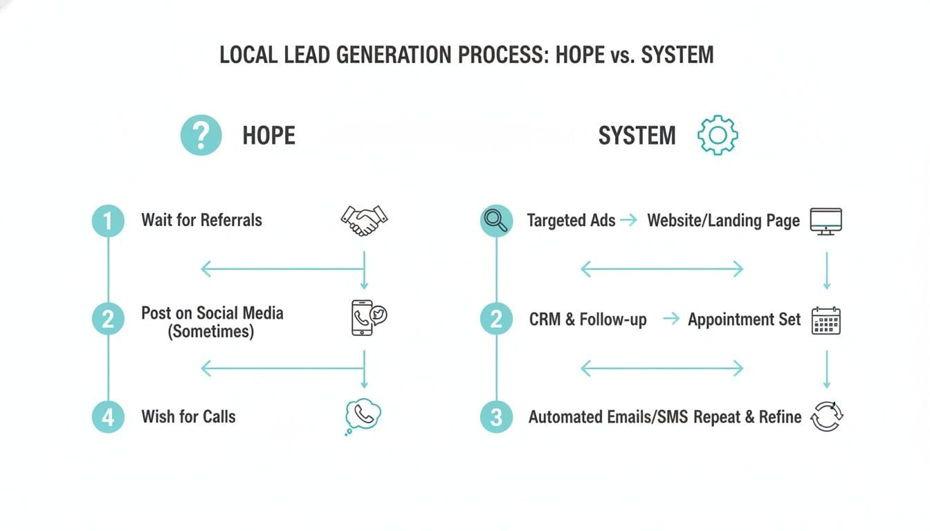 Diagram illustrating two lead generation processes: reactive 'Hope' and proactive 'System'.