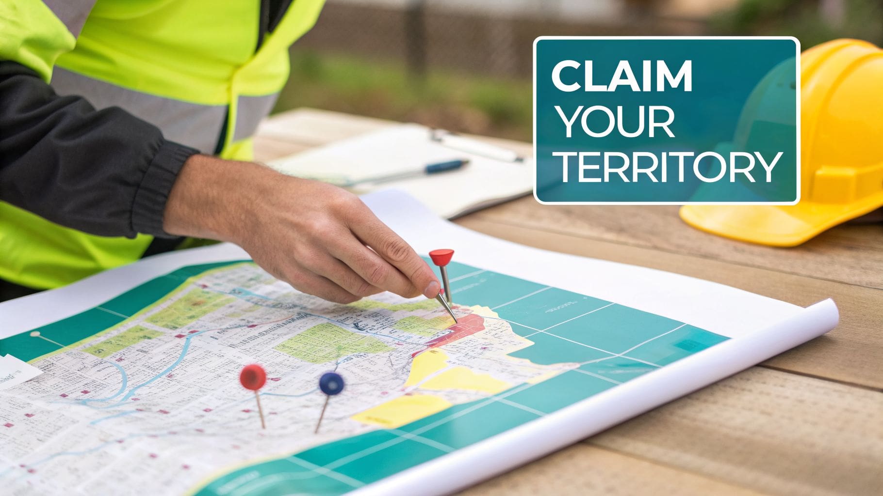 A contractor planning his service area on a map with a pushpin.