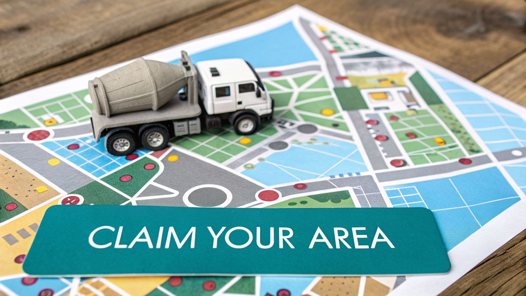 A toy cement mixer truck sits on a colorful map with a "CLAIM YOUR AREA" sign.