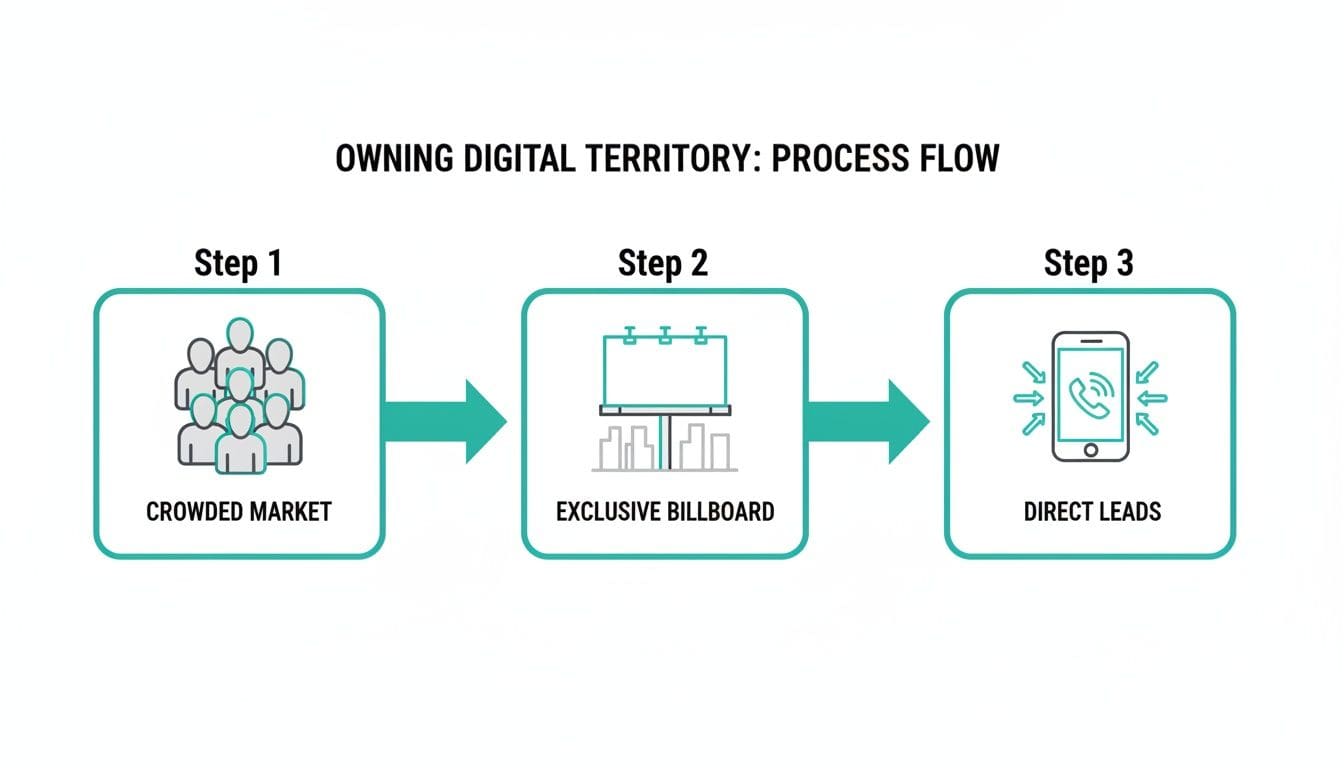 A process flow diagram showing how to own digital territory, leading from a crowded market to direct leads.