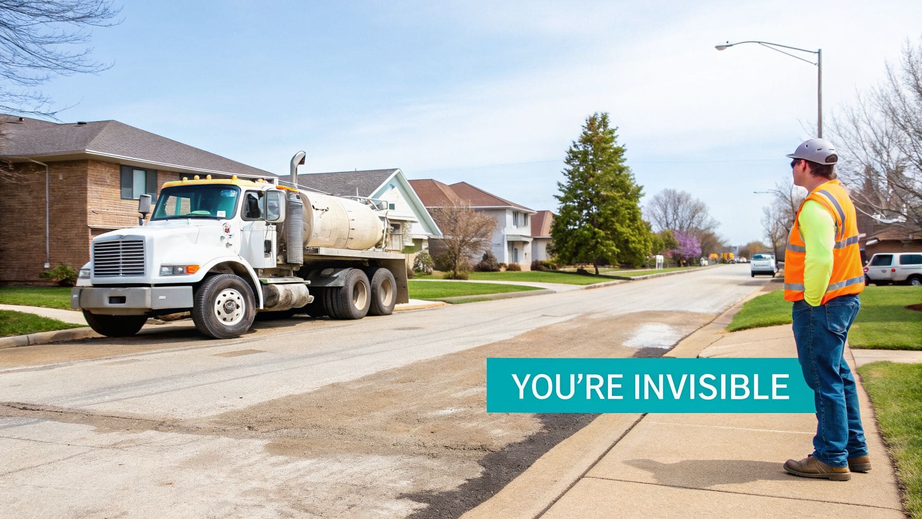 A construction worker in a high-visibility vest stands near a tanker truck on a residential street. Text reads 'YOU'RE INVISIBLE'.