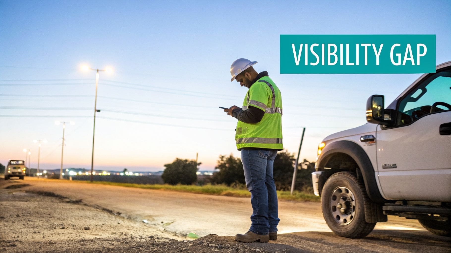 A worker in a hard hat and high-vis vest uses a phone by a truck at dusk, with 'VISIBILITY GAP' text.