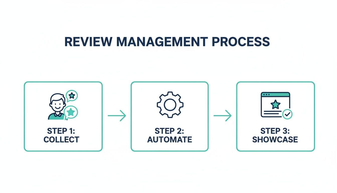 Infographic showing a three-step review management process: collect, automate, and showcase customer reviews.
