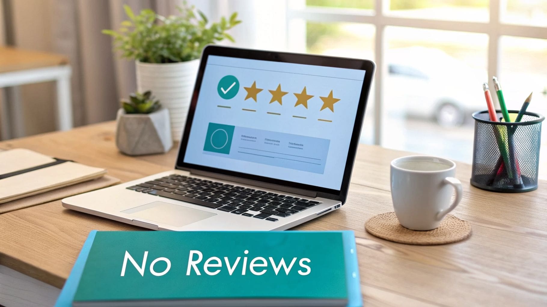 Laptop on a wooden desk displays a review management interface with four stars. A book says 'No Reviews'.