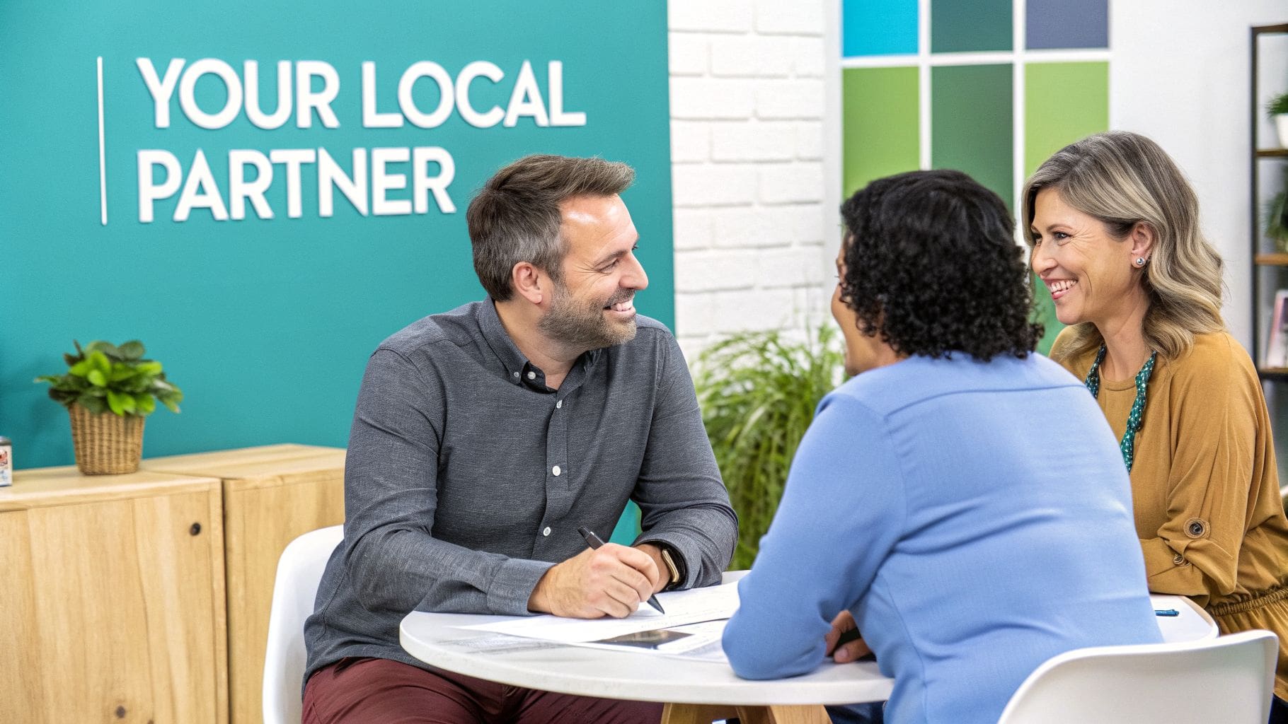 Three smiling professionals discussing business strategies at a table in a bright, modern office.