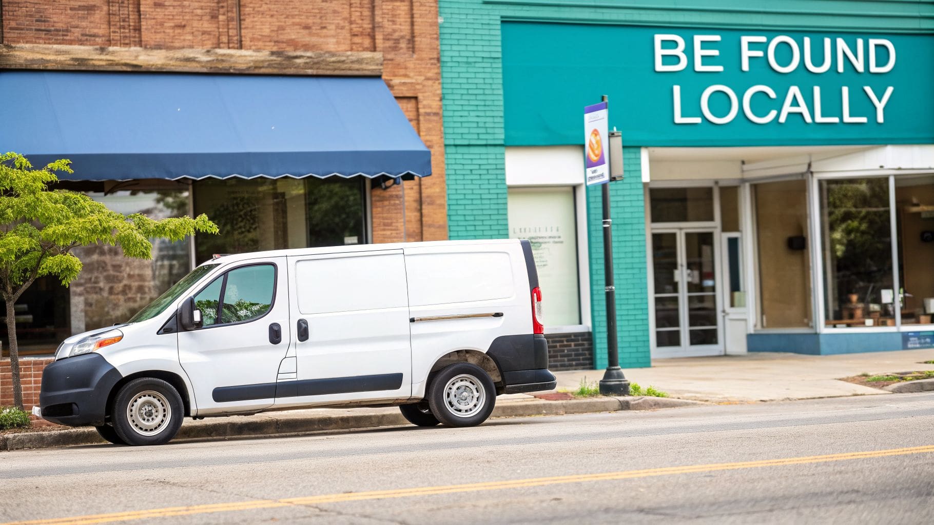 White delivery van parked on a city street in front of businesses, one signed 'BE FOUND LOCALLY'.