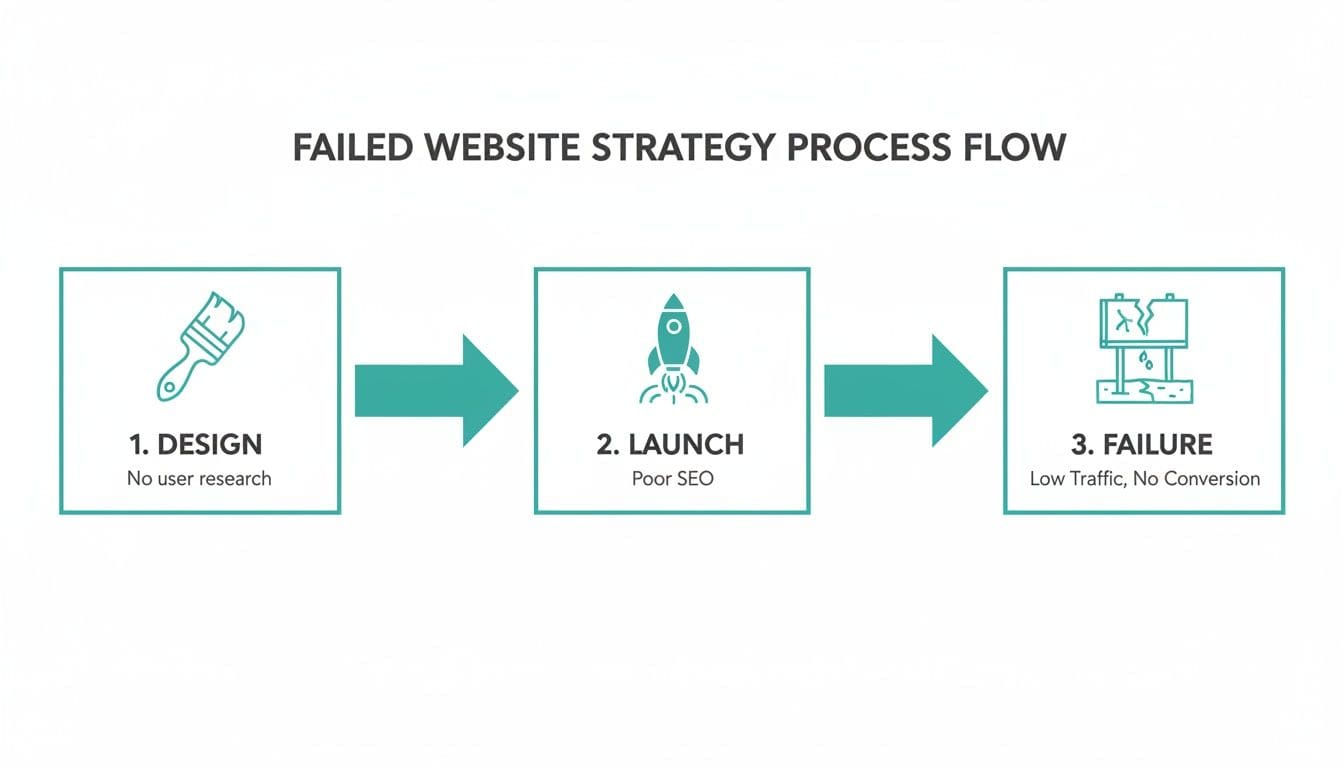 Process flow showing failed website strategy: design without research, poor SEO launch, leading to low traffic and no conversions.