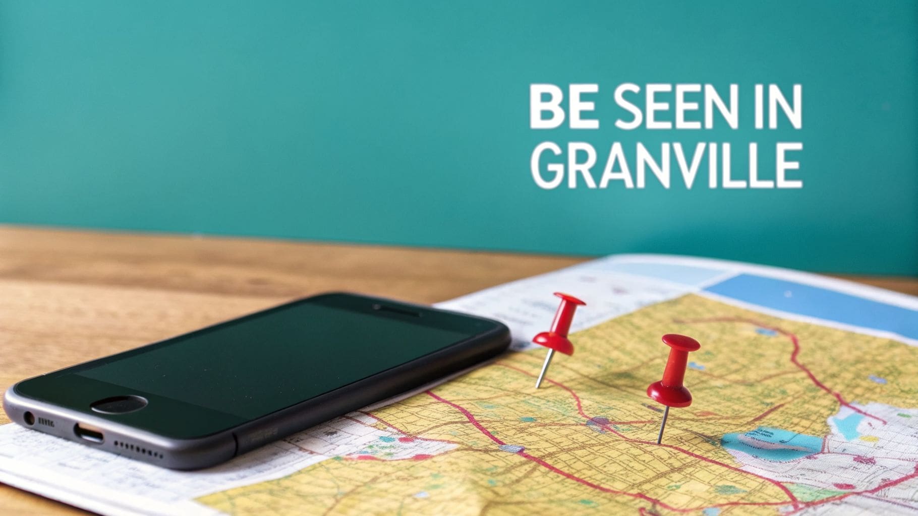 A smartphone and map with red pins on a wooden table, with 'BE SEEN IN GRANVILLE' on a green background.