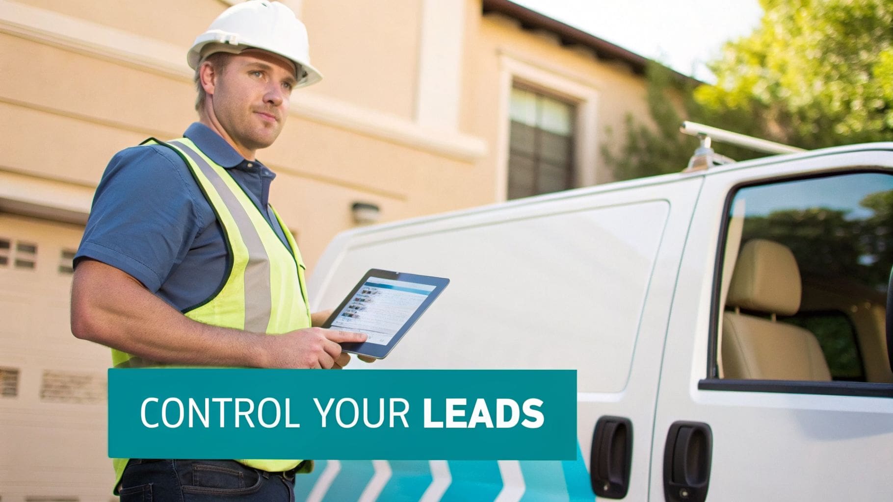 A male technician in a hard hat and safety vest uses a tablet next to a white service van.