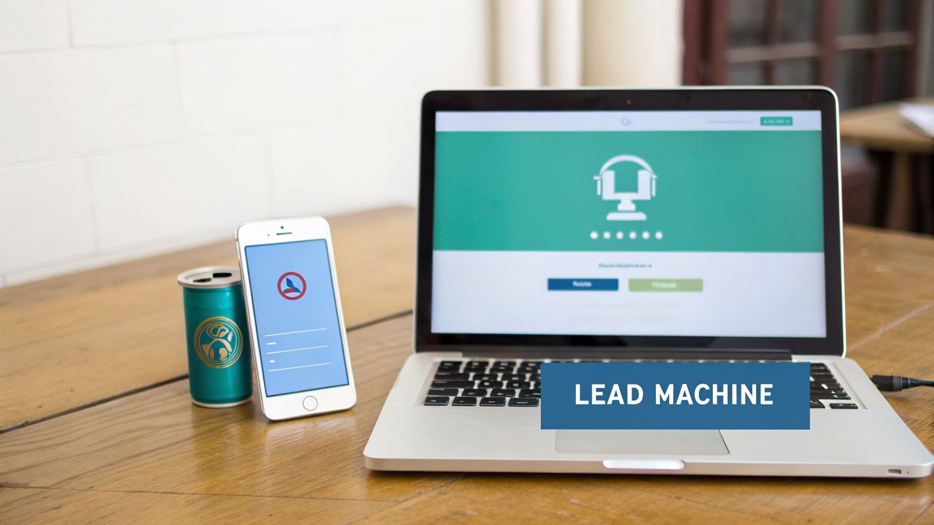 Modern workspace with a laptop, smartphone, and teal beverage can on a wooden desk.