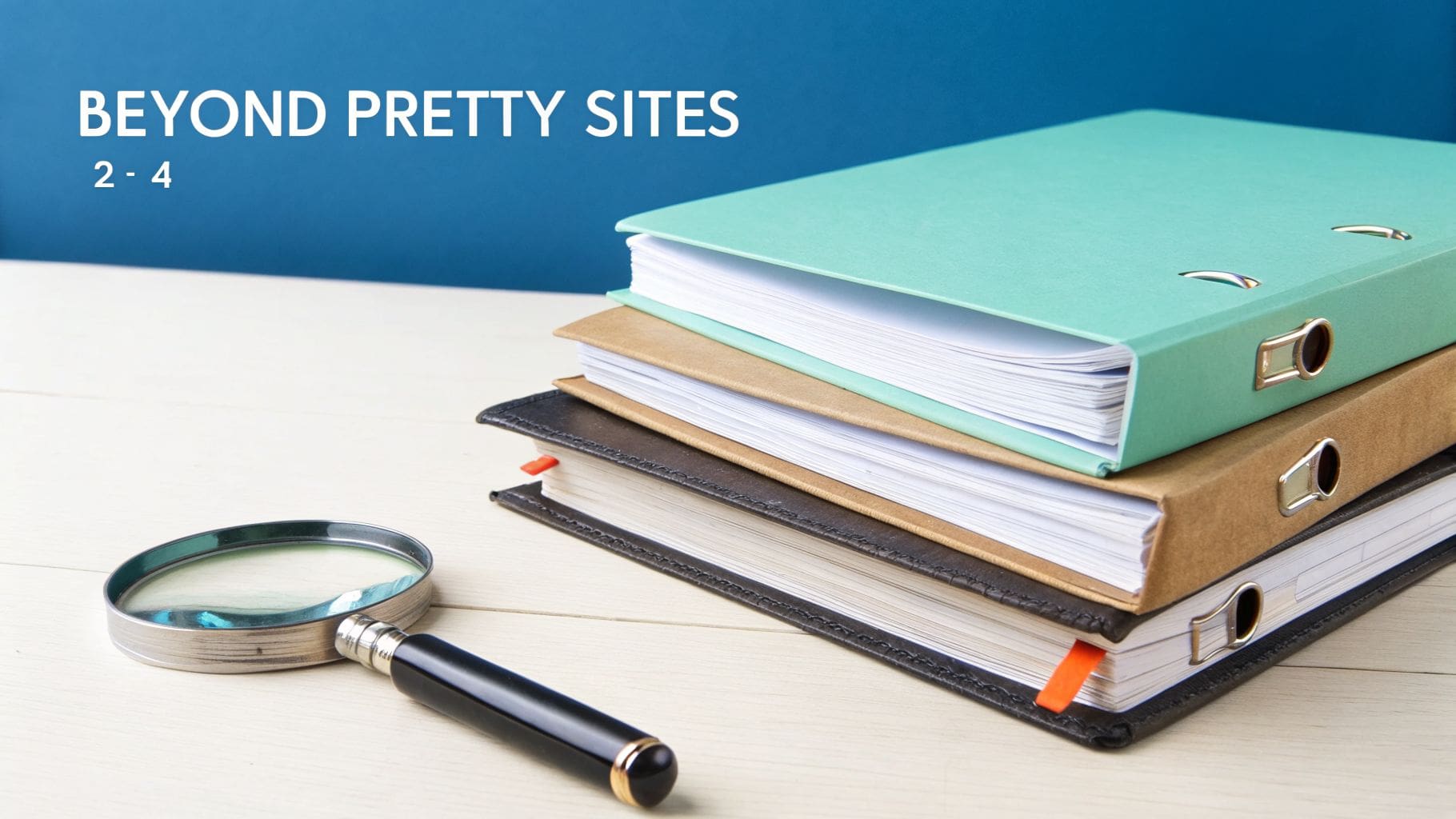 A magnifying glass and a stack of three office binders on a desk with 'Beyond Pretty Sites' text.