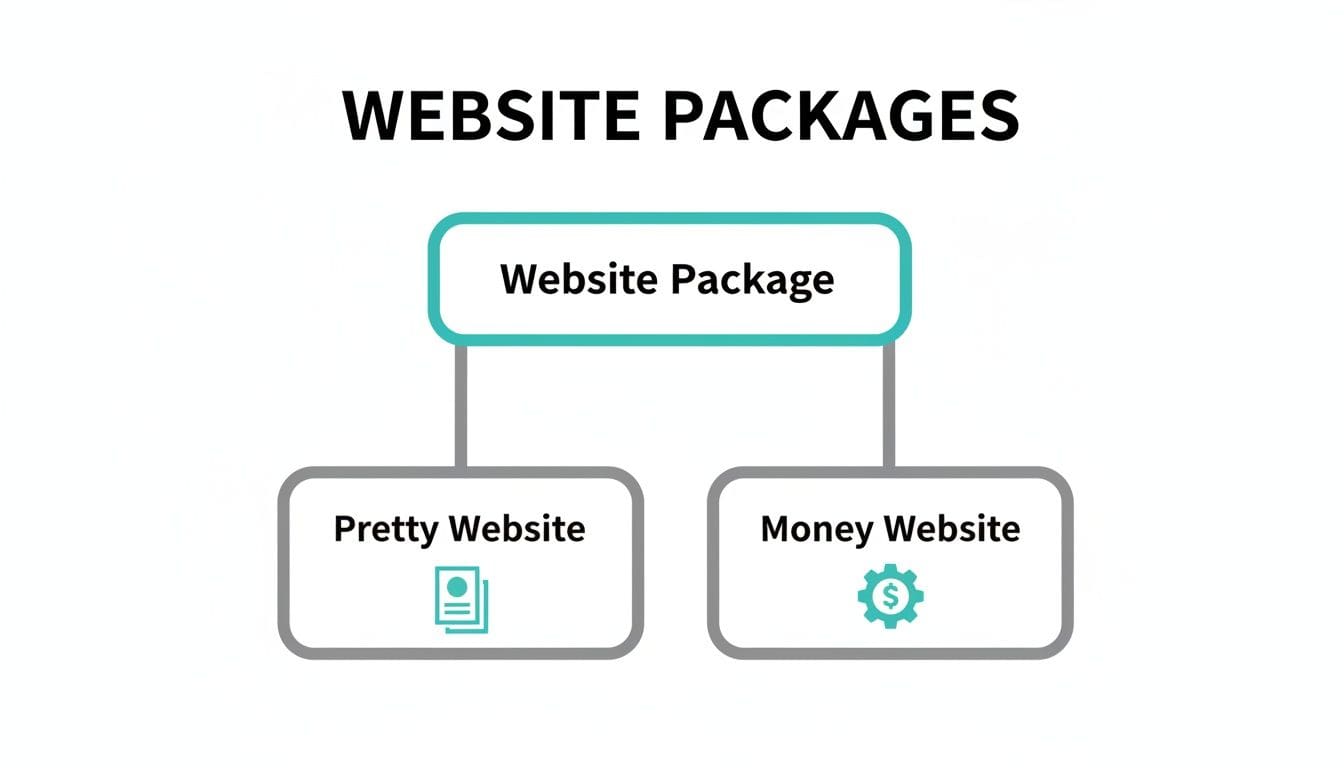A flowchart titled 'Website Packages' showing a main 'Website Package' branching into 'Pretty Website' and 'Money Website'.