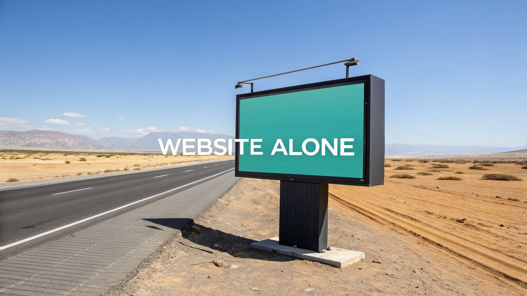 A digital billboard in a desert landscape displaying "WEBSITE ALONE" beside a highway under a blue sky.