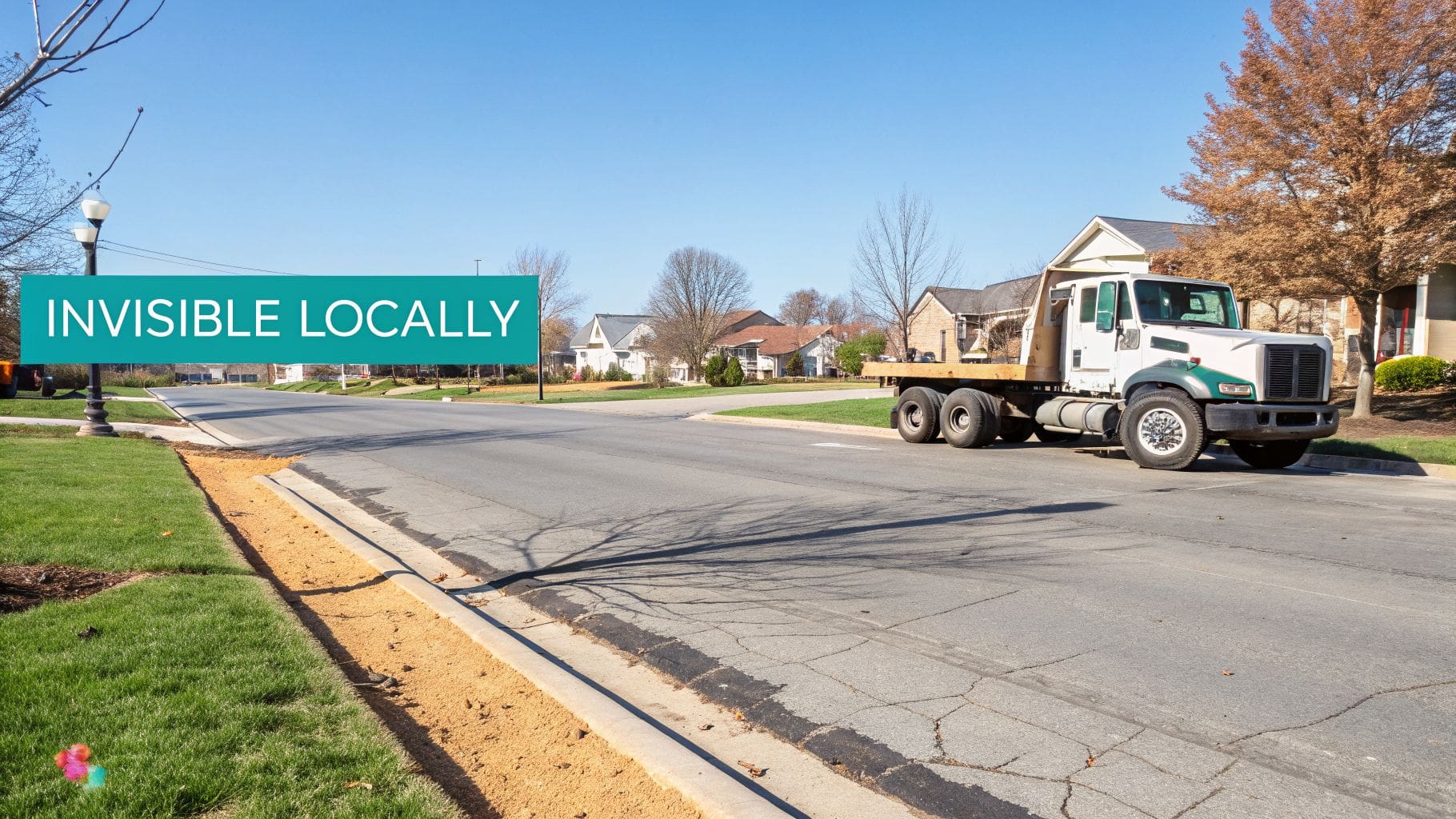 A flatbed truck parked on a quiet street in a residential area, with an "INVISIBLE LOCALLY" banner.