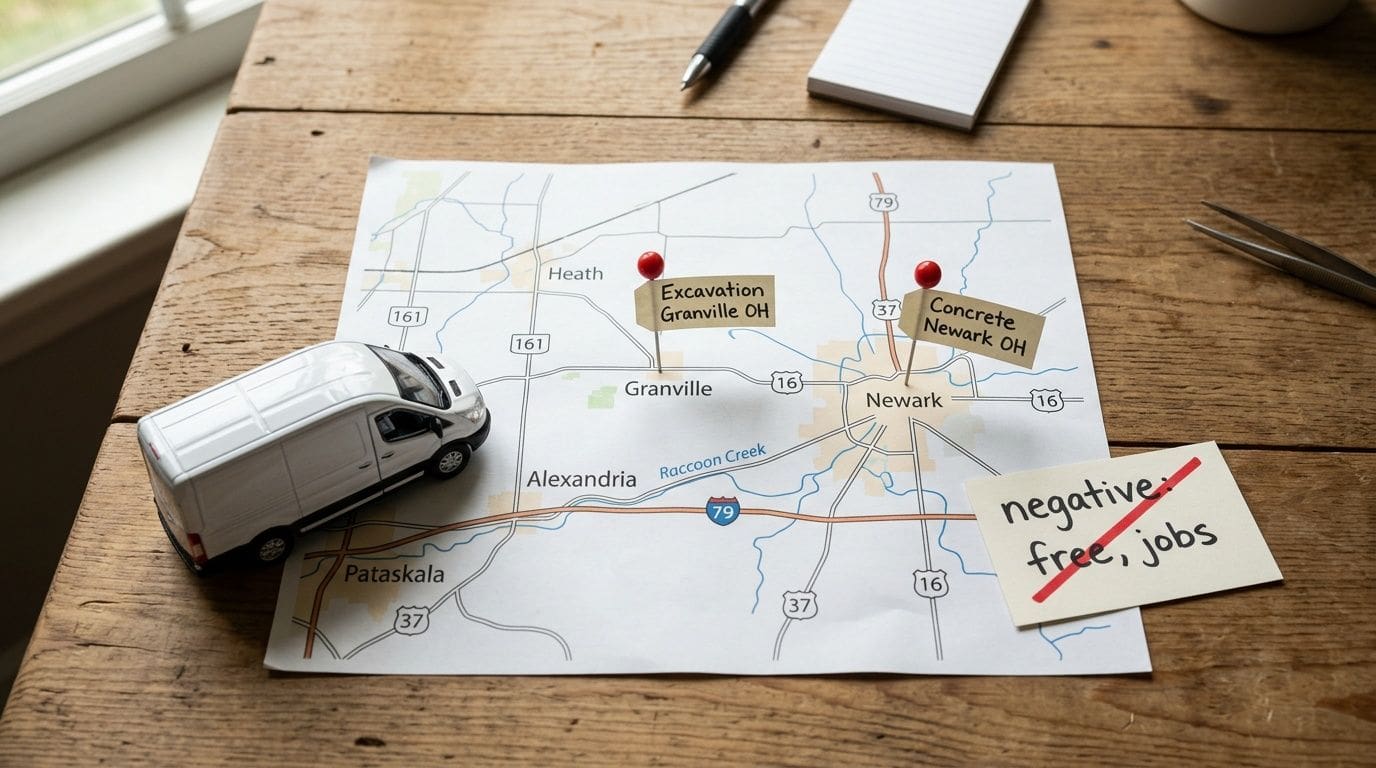 Map with job sites, a white delivery van, and a crossed-out note on a wooden desk.