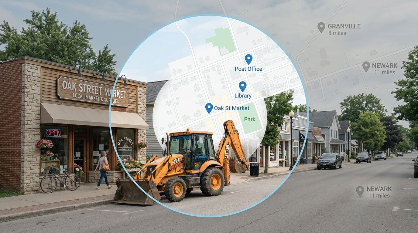 Oak Street Market, a yellow backhoe, and a map with local landmarks and distances to towns.