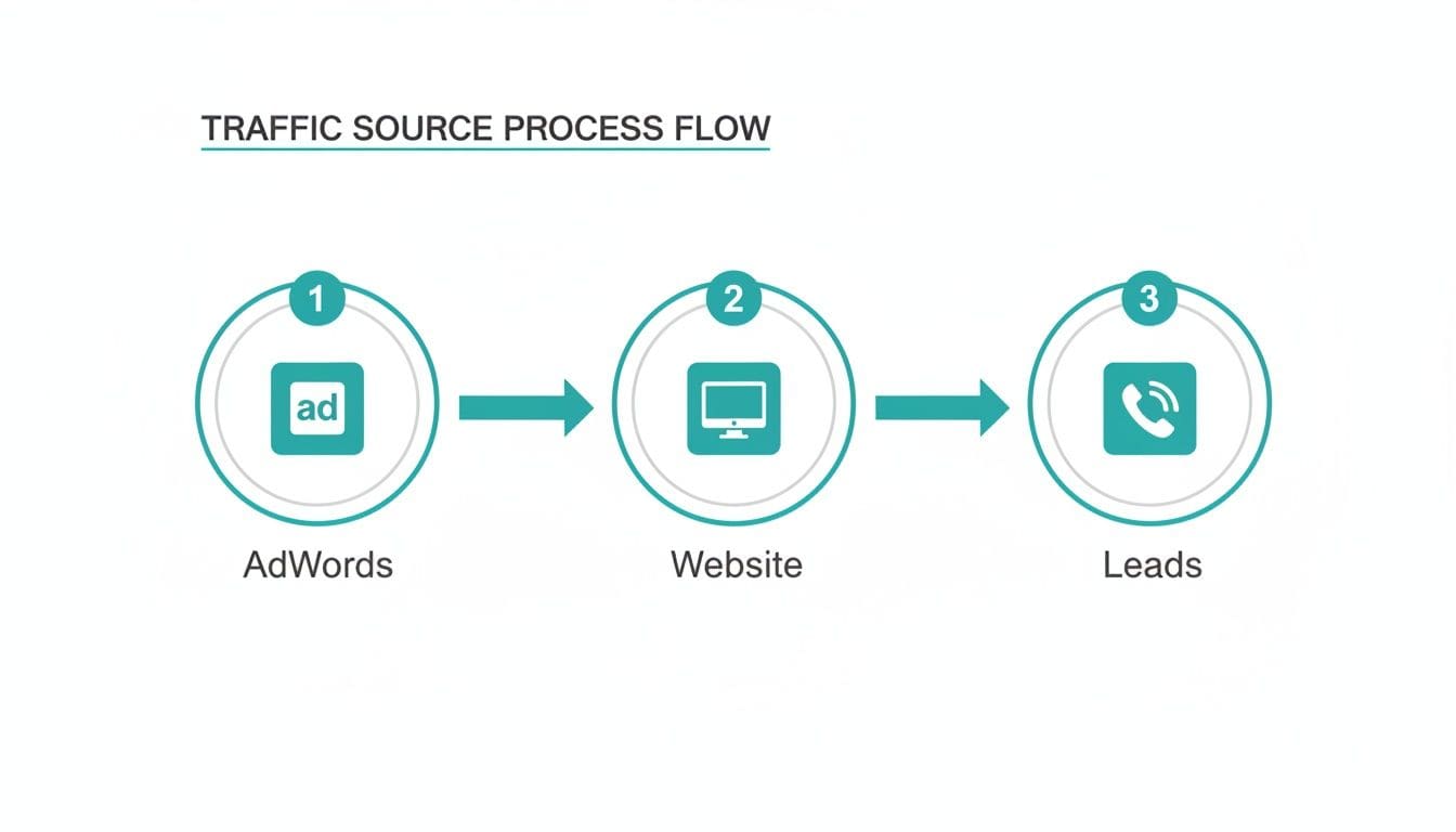 Traffic source process flow diagram illustrating AdWords leading to website visits, which then generate leads.