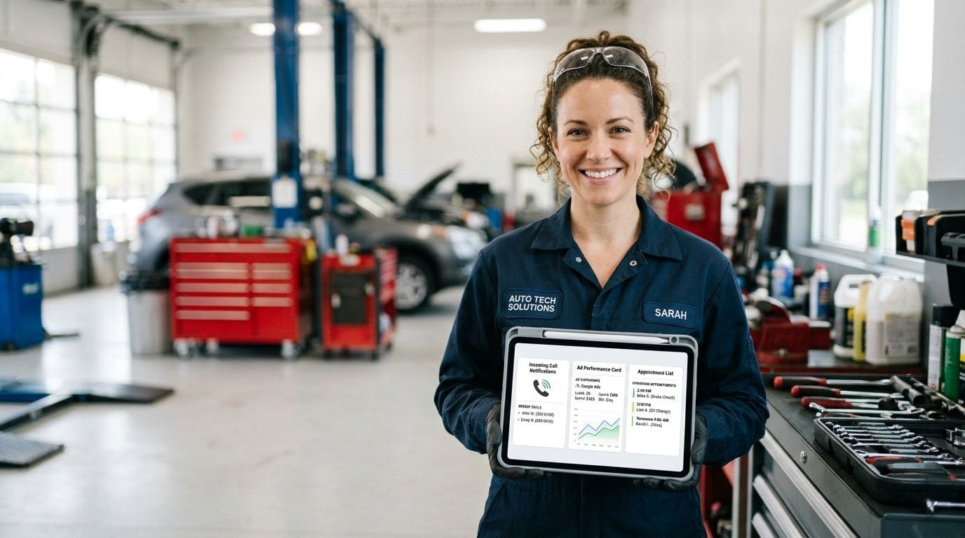 Smiling female auto mechanic in uniform holding a tablet with business data in a busy garage.